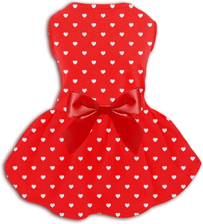 Valentine's Day Red Dog Dress, Cute White Heart Print & Satin Bow by PohshidoPet