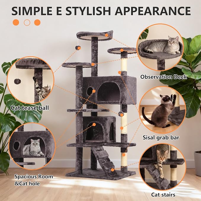 BestPet | 54" Cat Tree Tower | Purple Gray | Sturdy, Hanging Cat Toys, - Image 6