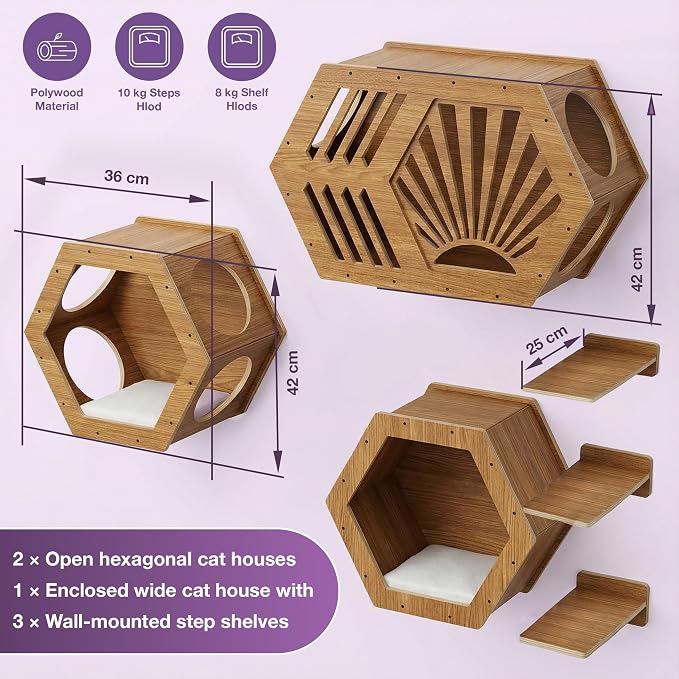 Modern Hexagonal Cat Wall Shelf System, 6-Piece Wood Wall Mounted Cat Furniture - Image 4