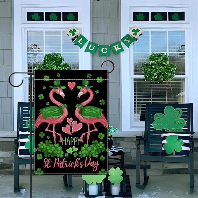 Dyrenson Happy St Patricks Day Flamingo Decorative Garden Flag, Lucky Shamrock - Image 5