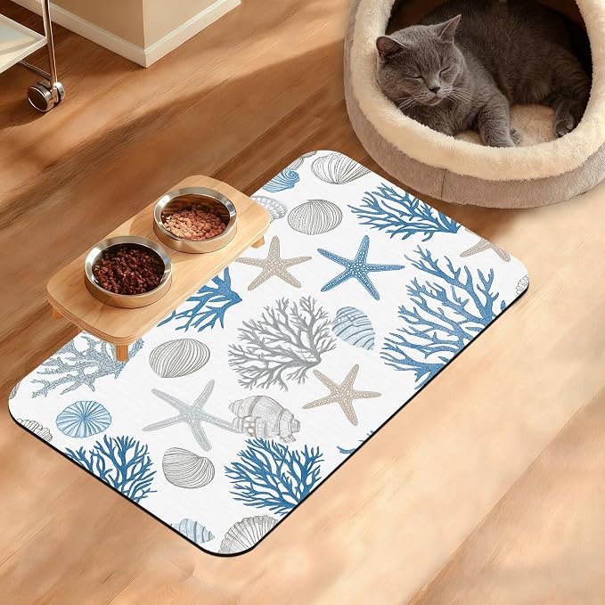 Seashell Beach Feeding Mat, Coral Starfish Absorbent Quick-Dry Cat Dog Food and by Unknown