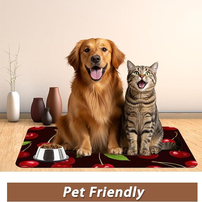 Red Cherry Pet Feeding Mat, Absorbent Quick-Dry Cat Dog Food and Water Bowl Mats - Image 6