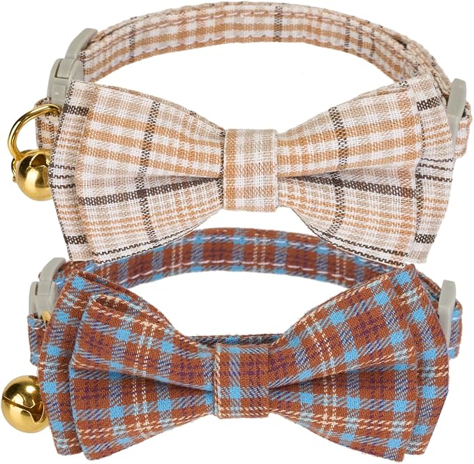 2 Pack Cotton Cat Collar, Removable Bowtie, Plaid Pattern, Safety Breakaway by Petiry