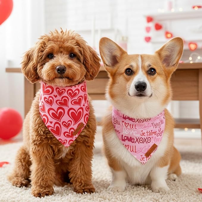 ADOGGYGO Valentine Dog Bandanas 2 Pack, Reversible Heart Love Print Puppy Scarf - Image 3