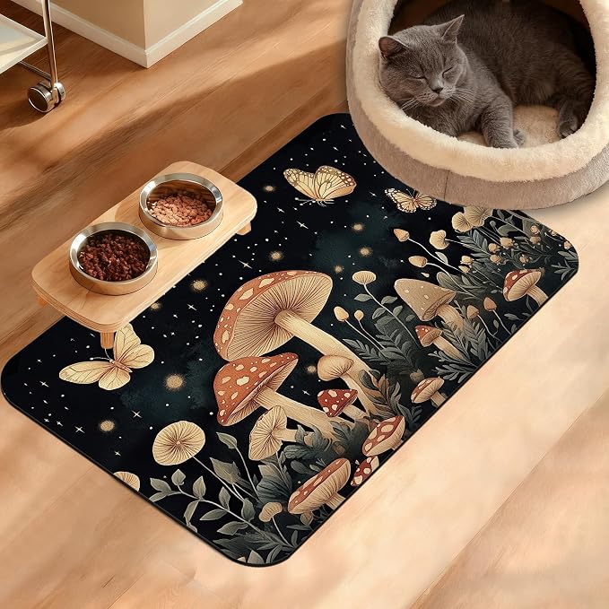 Fantasy Mushroom Dog Cat Food Mat, Butterfly Stars Absorbent Waterproof Placemat by Unknown