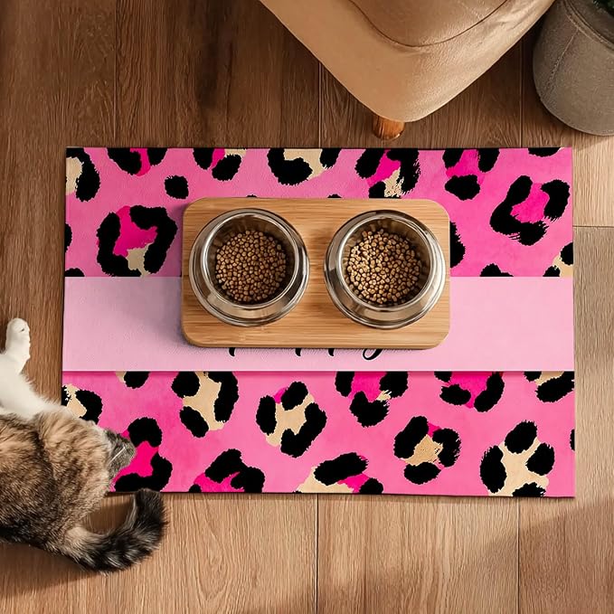 Puppy Feeding Mat 20x12 inch Pink Leopard Print Dog Bowl Placemat Non Slip Mat - Image 5