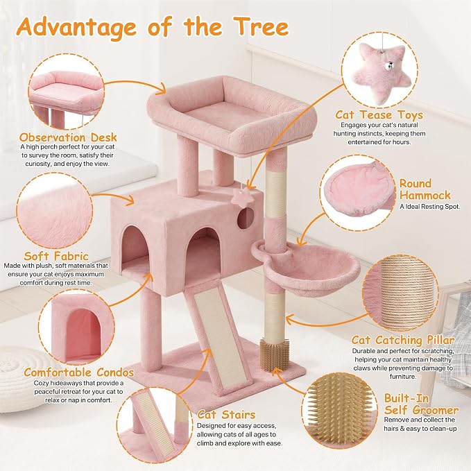36-Inch Cat Tree for Small Cats, Cozy Condo & Scratching Board, Soft Pink Cat - Image 4