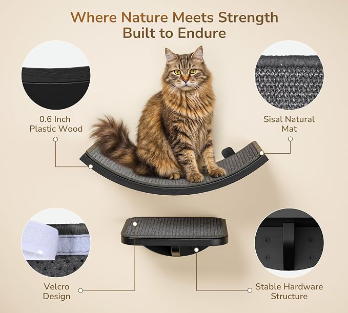Gray Cat Wall Shelf with Grey Sisal Mat, Curved Cat Bed - Image 3