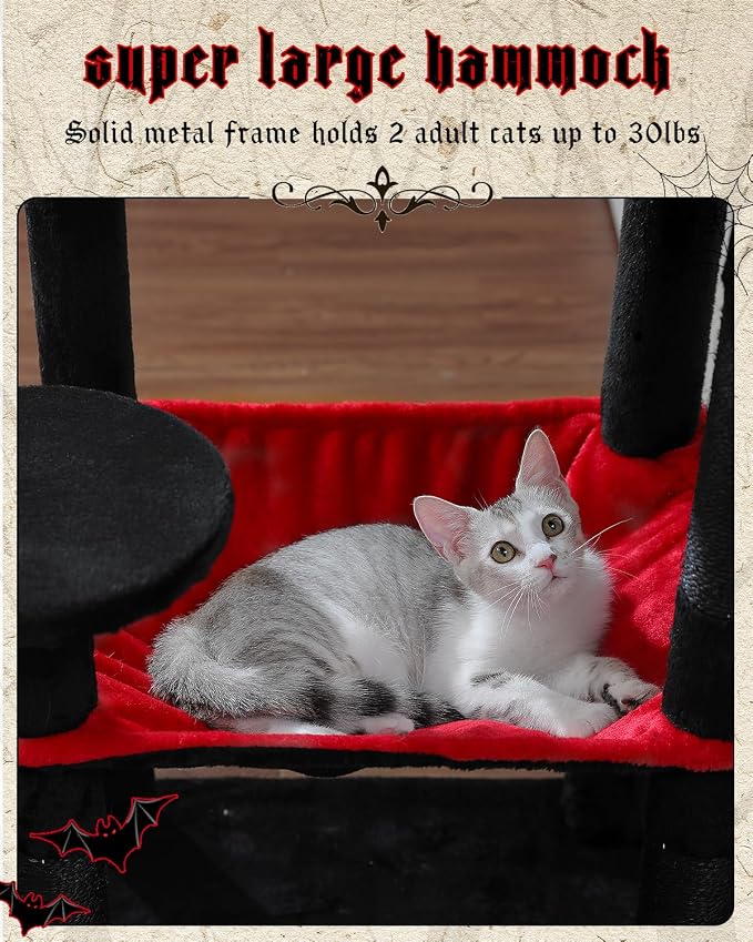 Gothic Cat Tree with Super Large Hammock, 56.3" Black Cat Tower with Coffin Bed - Image 3
