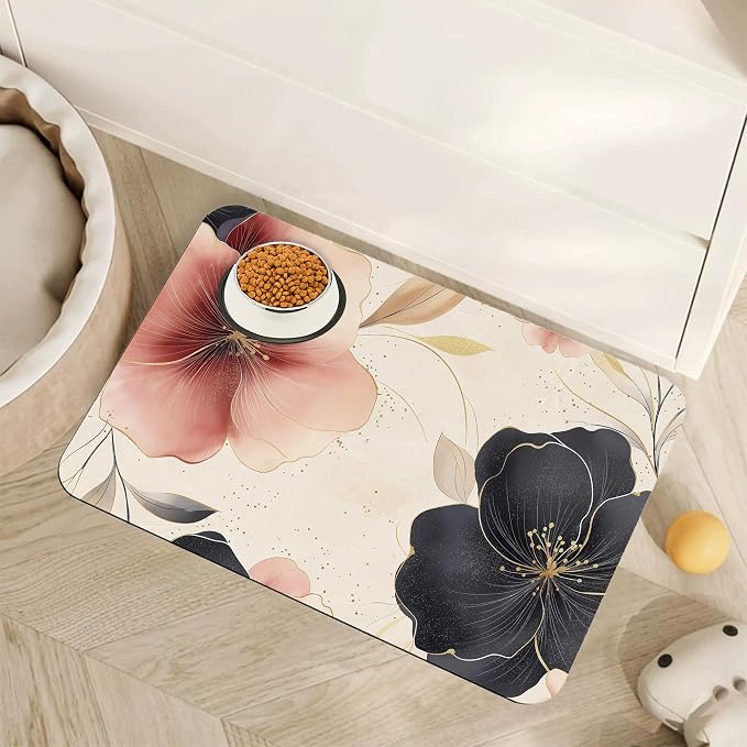 Pink Floral Pet Feeding Mat, Boho Flower Absorbent Quick-Dry Cat Dog Food and by Unknown