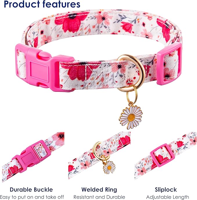 Cotton Dog Collar Light Pink Flower Pattern - Image 3