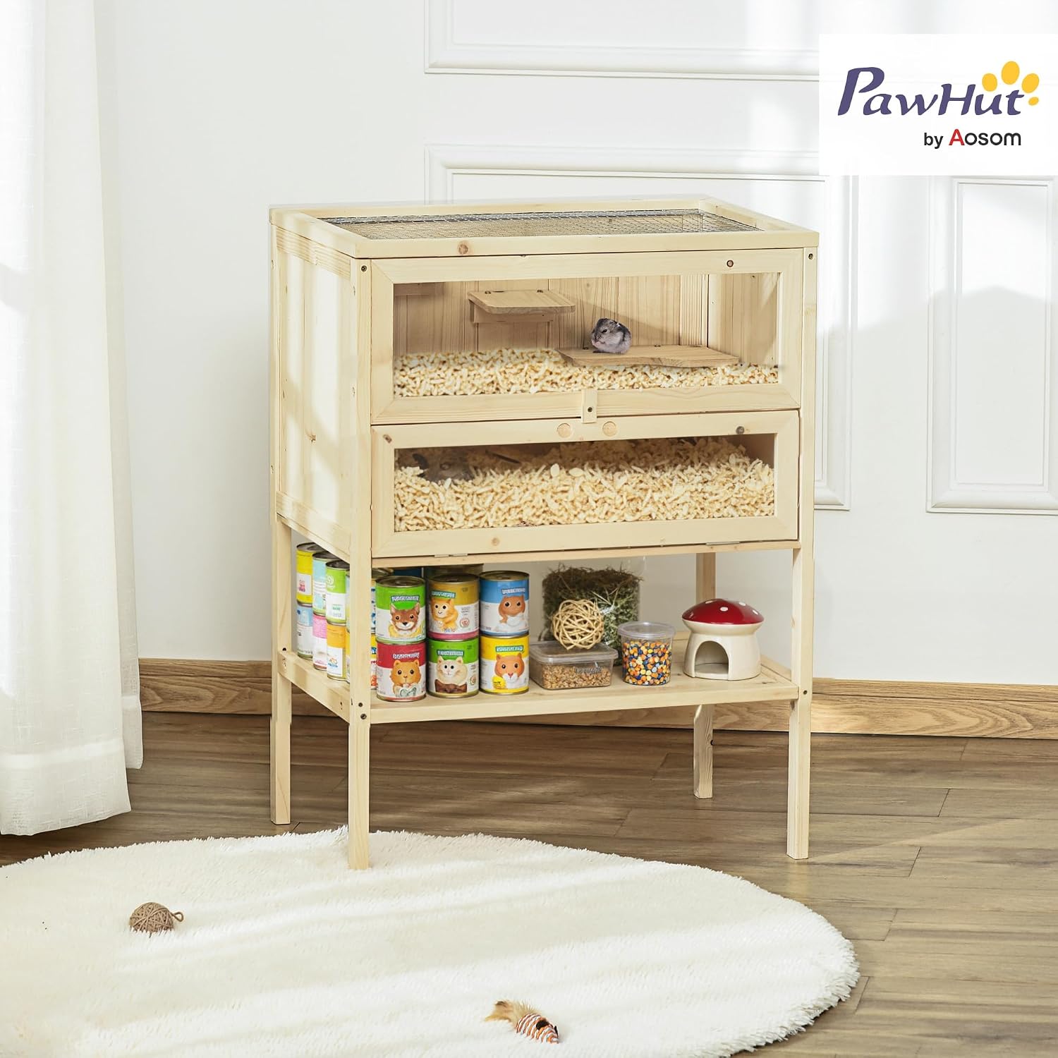 PawHut 3-Tier Wooden Hamster Cage with Storage Shelf - GlobalHabitat Supply