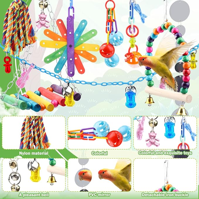 9 Pcs Parakeet Cockatiel Bird Toys, Parrots Cage Accessories Swing Rope Hanging - Image 5