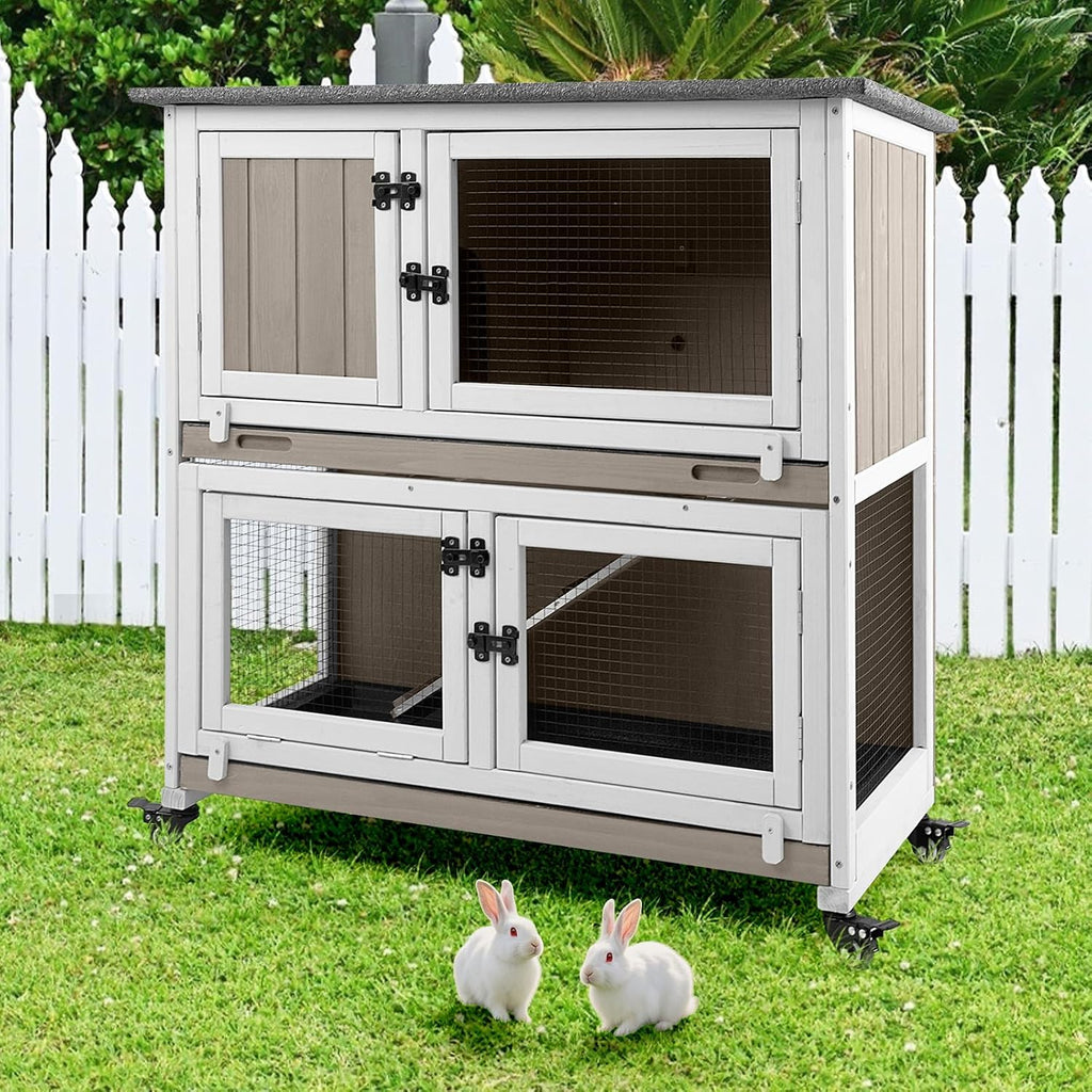2-Story Wooden Rabbit Cage with 2 Pull-Out Trays, 4 Wheels - GlobalHabitat Supply