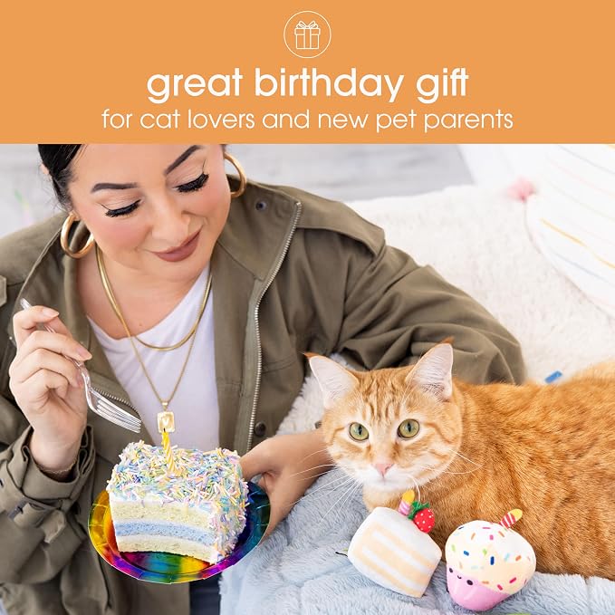 Pearhead Happy Birthday Cake Cat Toy Set, Stuffed Birthday Cake and Cupcake Cat - Image 5