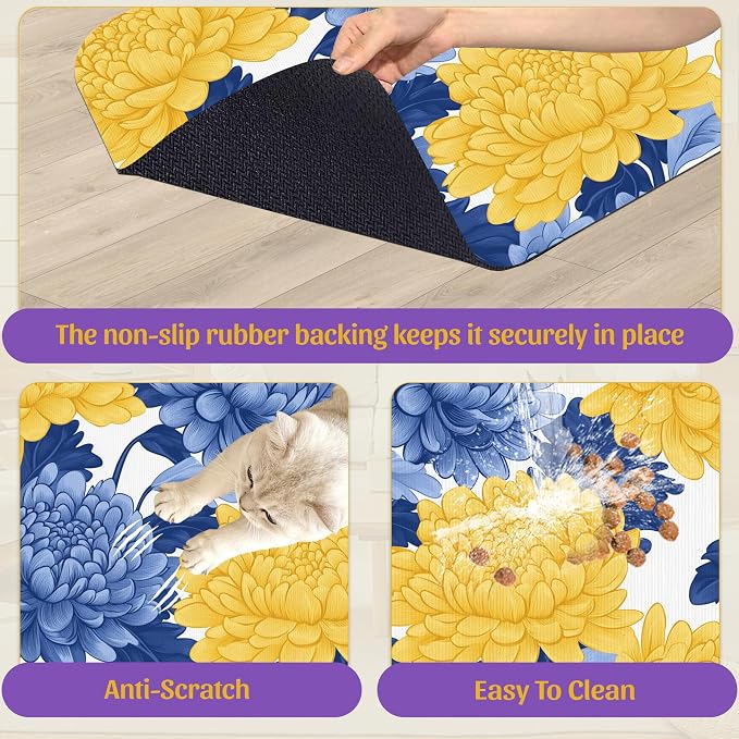 Blue Yellow Flowers Pet Feeding Mat, Quick Dry Absorbent Water Bowl Mat - Image 6