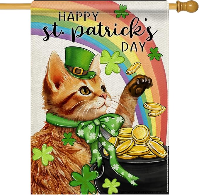 Dyrenson Happy St Patricks Day Orange Cat 28 x 40 House Flag Double Sided by Dyrenson
