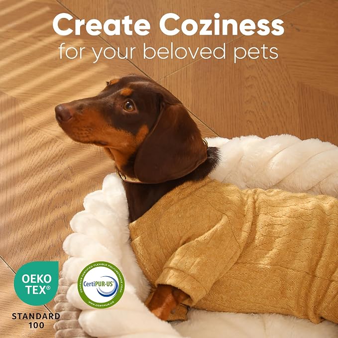 FUKUMARU Dog Bed, Calming Donut Dog Beds, Plush Faux Fur&Corduroy Cat Beds - Image 2