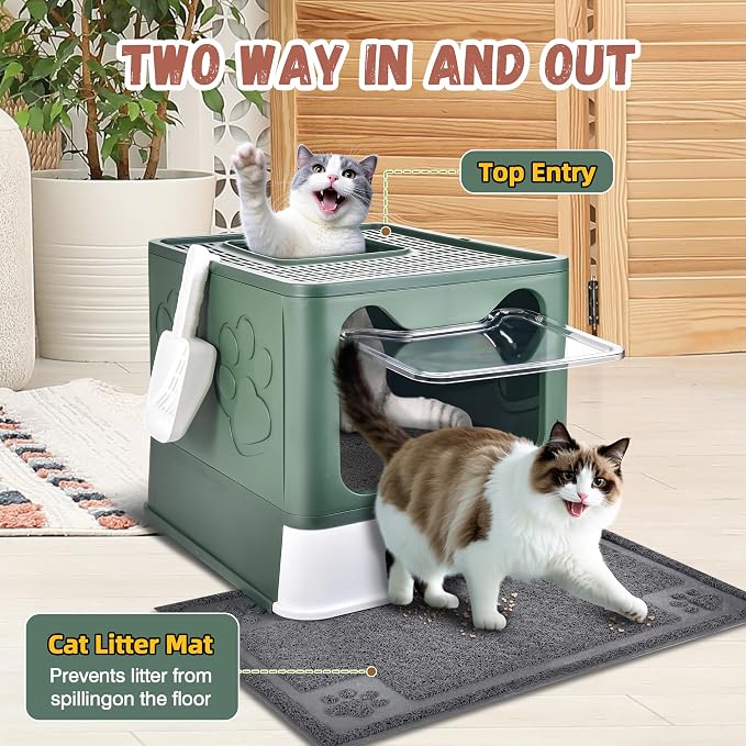 Cat Litter Box with Litter Mat, Foldable Extra Large Free in and Out/One-Way - Image 4