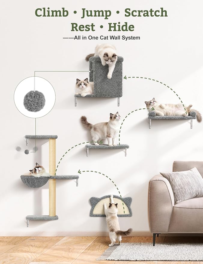 5-in-1 Cat Wall Shelves, Solid Wood & Velvet & Sisal Scratcher, 44lbs Max Load - Image 2
