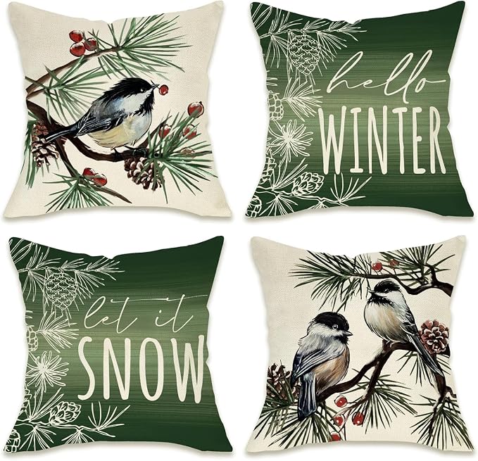Fahrendom Hello Winter Green Decorative Throw Pillow Covers 20 x 20 Set of 4 by Fahrendom