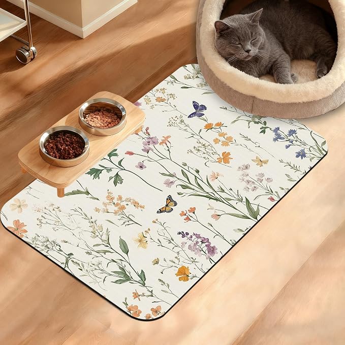 Wildflowers Butterfly Dog Cat Food Mat, Plants Absorbent Waterproof Placemat by Unknown