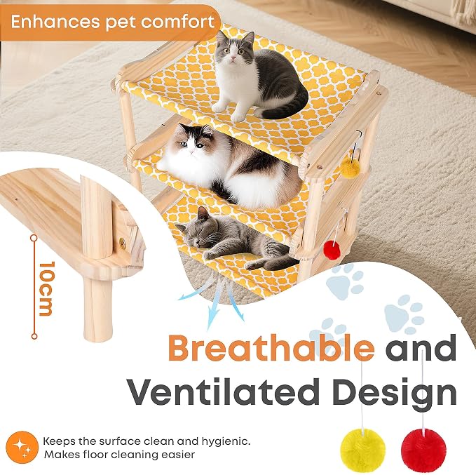 Large 3-Layer Cat Hammock Bed, Breathable Washable Covers, Wooden Pet Furniture - Image 3