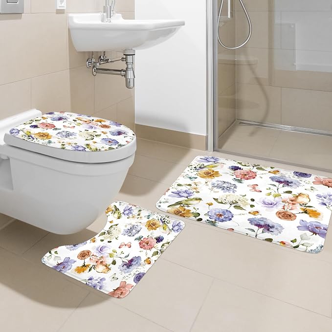 4 PCS Purple Floral Birds Bathroom Set - Image 2
