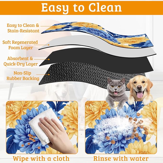 Blue Yellow Flowers Dog Food Mat, Absorbent Pet Feeding Mat - Image 5