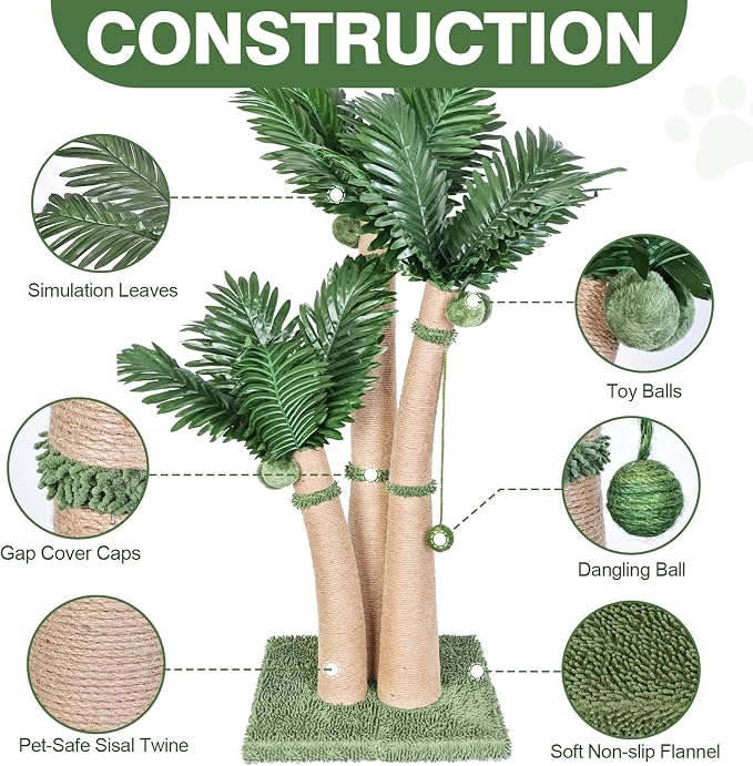 40'' Tall Cat Scratching Post Cat Tree, 3 Curved Design Palm Tree Cat - Image 2