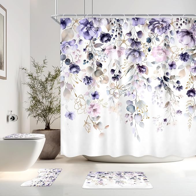 4 PCS Purple Floral Flower Shower Curtain Set 72Wx72H Inch Watercolor Pastel by Ufeela