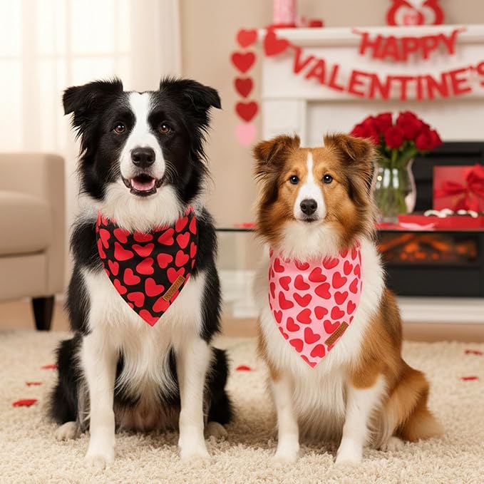 ADOGGYGO Valentine Dog Bandana 2 Pack, Reversible Red Pink Heart Pet Scarf Bib - Image 2