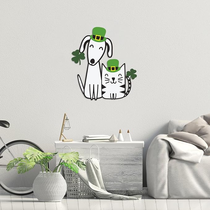 Fiwochic St Patrick's Dogs Cat Decorations Metal Shamrock Wall Art Irish Pet - Image 3