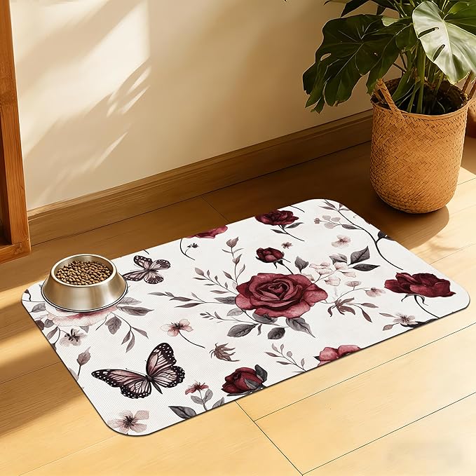 Vintage Flower Butterfly Dog Cat Food Mat, Absorbent Feeding Placemat, by QSOQSO