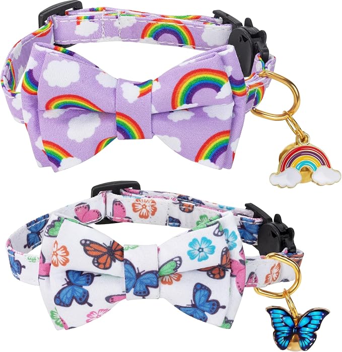 Breakaway Cat Collar with Cute Bow Tie Bell 2Pack Rainbow Butterfly Pattern by PREHAI