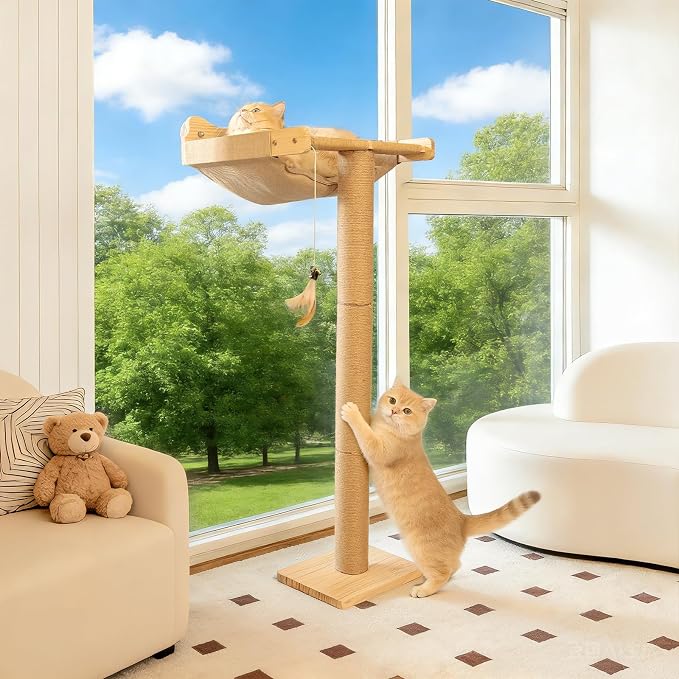 46" Cat Window Perch with 3 Adjustable Sisal Scratching Posts, Drill-Free - Image 8