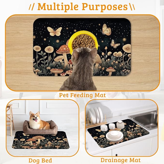 Fantasy Mushroom Dog Cat Food Mat, Butterfly Stars Absorbent Waterproof Placemat - Image 7