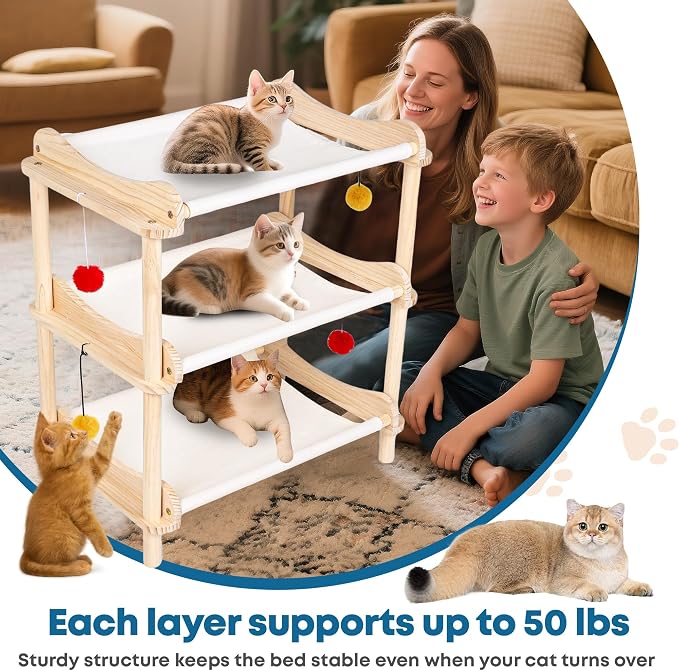 Large 3-Layer Cat Hammock Bed, Breathable Washable Covers, Wooden Pet Furniture - Image 5