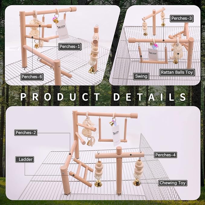 QBLEEV Bird Cage Play Stand Toy Set-Birdcage Wood Stands Hanging Chew Toys - Image 4