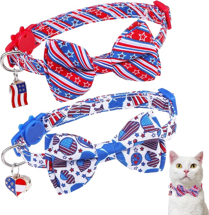 American Flag Cat Collar with Bell Bow Tie Star Breakaway by DILLYBUD
