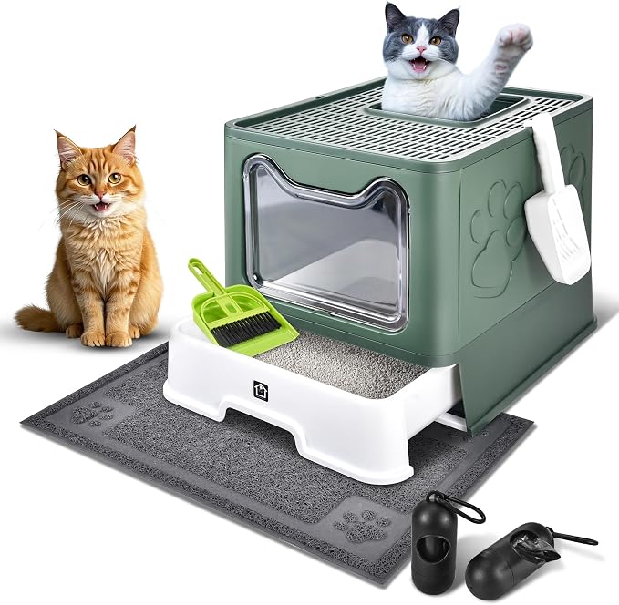 Cat Litter Box with Litter Mat, Foldable Extra Large Free in and Out/One-Way by HOMAGICO
