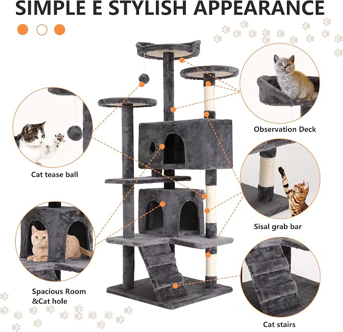 BestPet | 54" Cat Tree Tower | Light Gray | Sturdy, Hanging Cat Toys, - Image 6