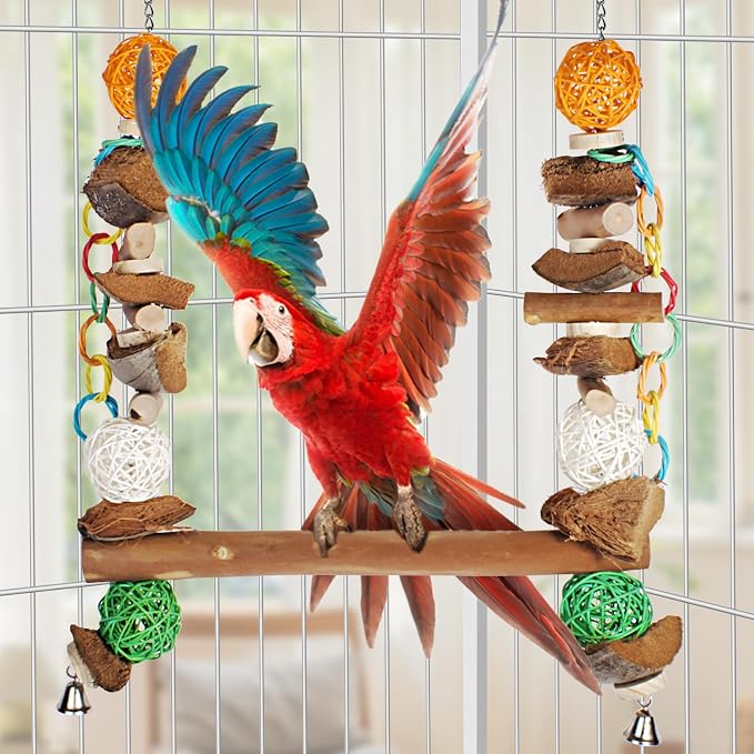3-in-1 Parrot Toys Natural Coconut Fiber Parrot Hammock Natural Bird Perches - Image 6