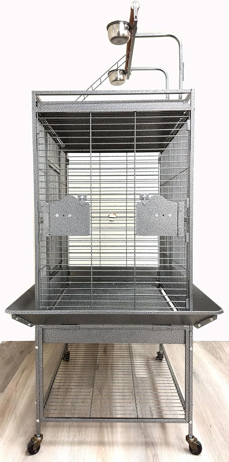 Large Wrought Iron Bird Cage with Play Top and Rolling Wheels - GlobalHabitat Supply
