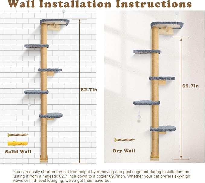 Cat Wall Shelves for Kittens, 83” Floor to Ceiling Cat Tree - Image 6