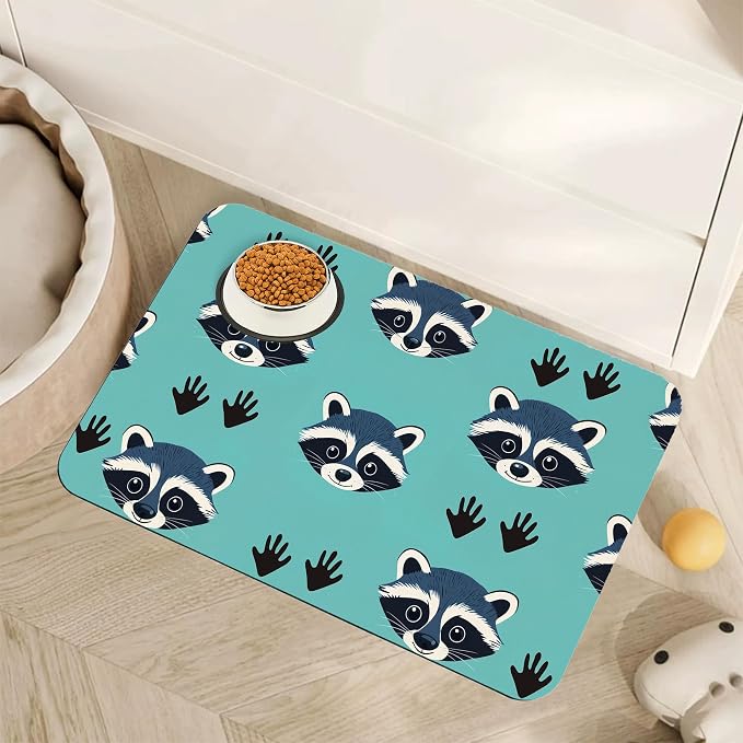 Cute Raccoon Dog Food Mat for Floors, Absorbent Pet Food and Water Bowl Mats by Unknown