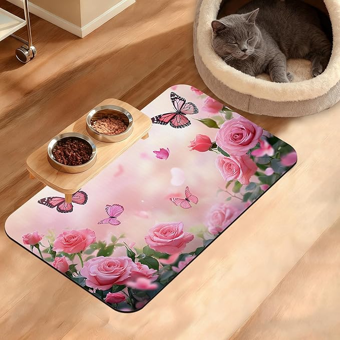 Rose Pink Dog Cat Food Mat, Butterfly Absorbent Waterproof Placemat by Unknown