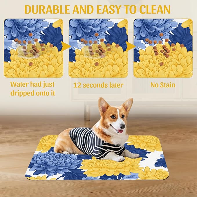 Blue Yellow Flowers Pet Feeding Mat, Quick Dry Absorbent Water Bowl Mat - Image 5