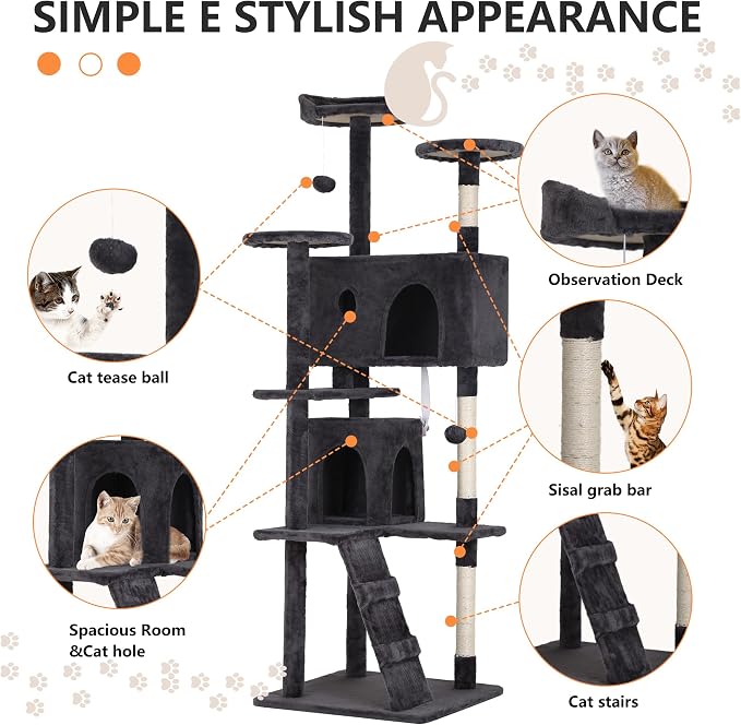 BestPet | 70" Cat Tree Tower | Dark Gray | Sturdy, Hanging Cat Toys, - Image 6