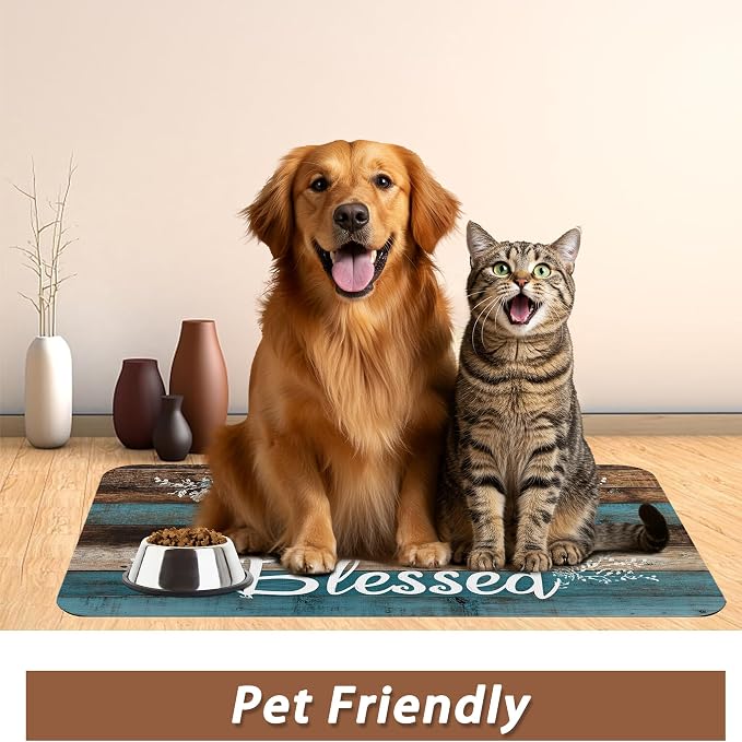 Thankful Grateful Blessed Dog Cat Food Mat, Vintage Wooden Absorbent Pet - Image 6